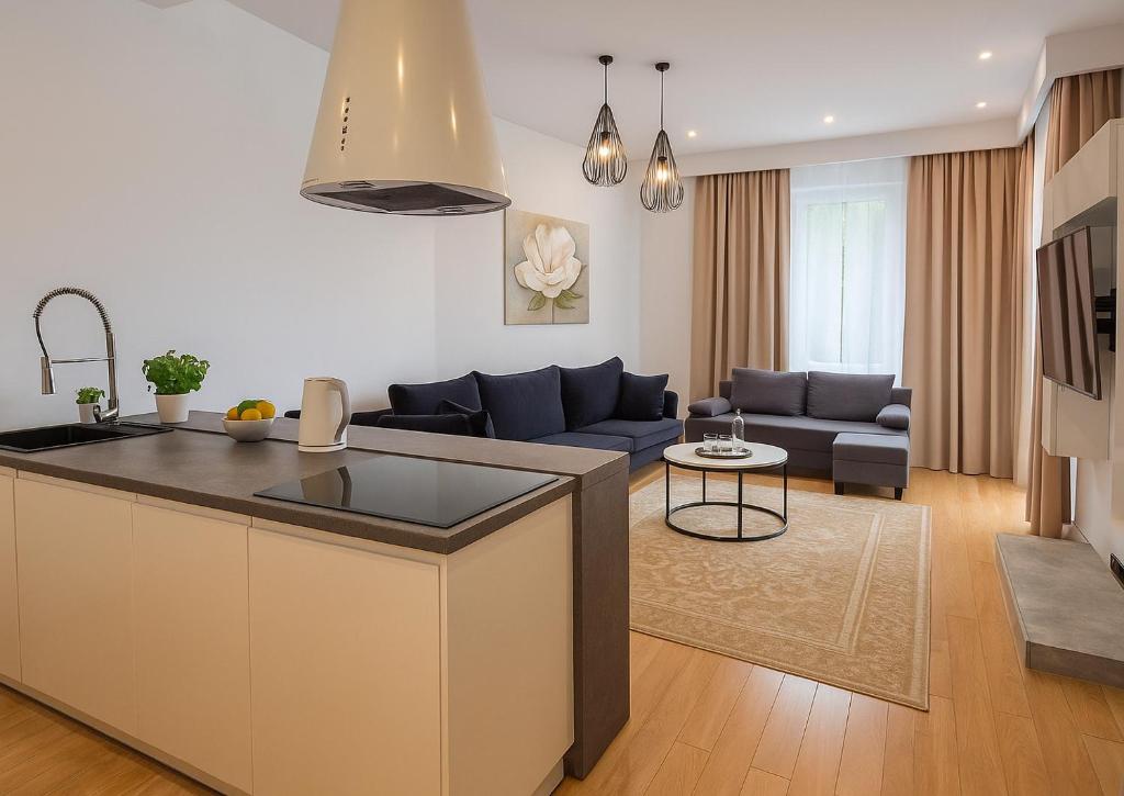 a kitchen and living room with a couch and a table at TANIE NOCLEGOWANIE in Katowice