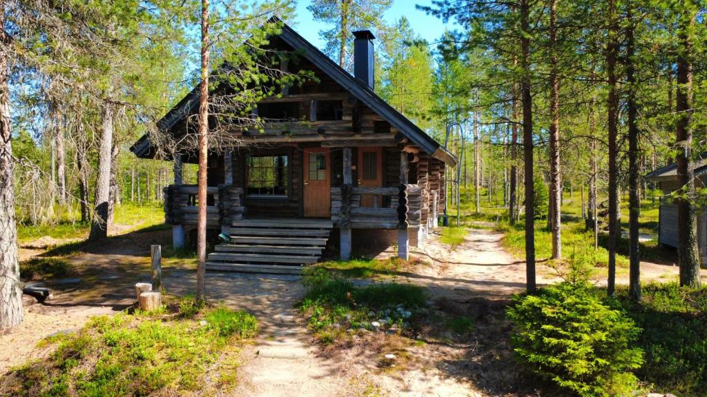 a log cabin in the woods with trees at Villa Kelotupa in Hossa