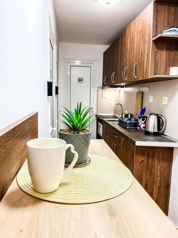 a coffee cup sitting on top of a kitchen counter at Centrino in Burgas
