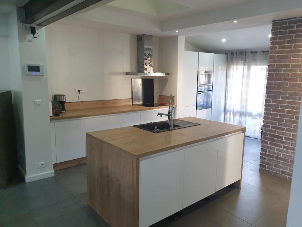 eine Küche mit Spüle und Arbeitsplatte in der Unterkunft Belle maison au calme 200m2 in Coubron