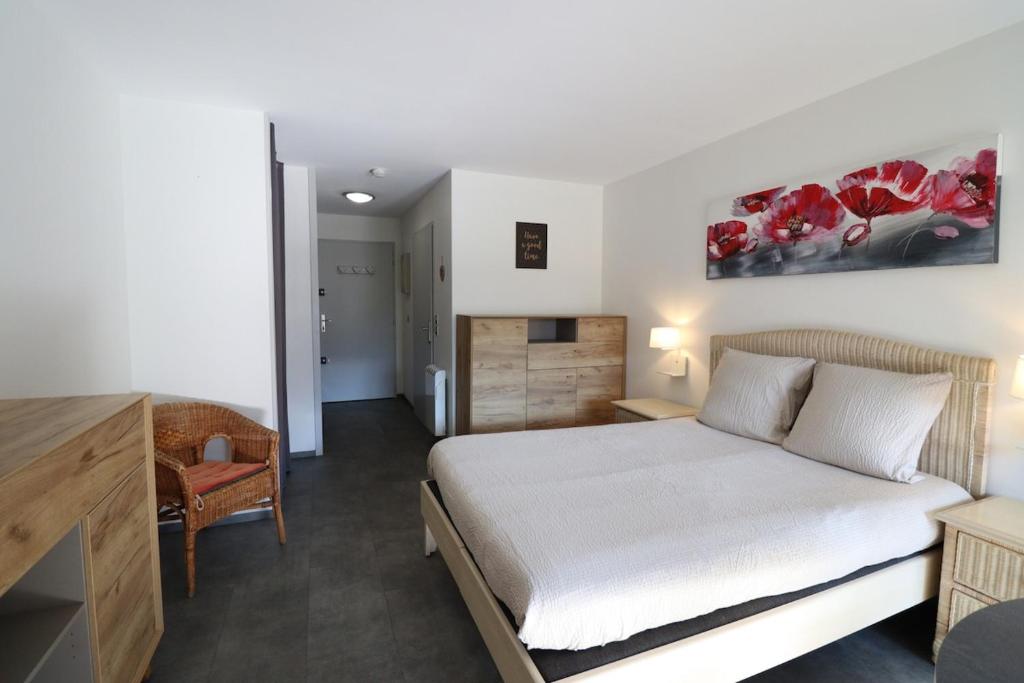 ein Hotelzimmer mit einem Bett und einem Schreibtisch und einem Schreibtisch in der Unterkunft Appartement Belle étoile - Cure, ski & spa in Brides-les-Bains