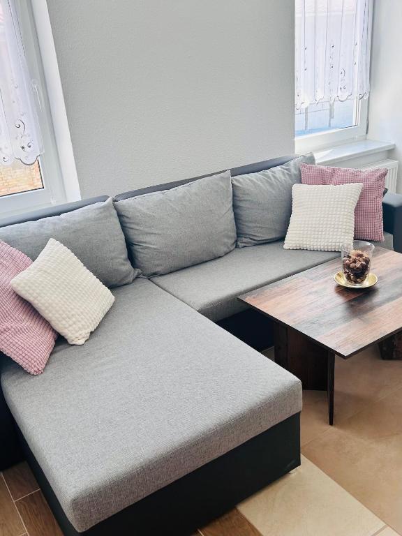 a gray couch with pillows and a coffee table at Gemütliche Wohnung im Gutshaus in Lalendorf