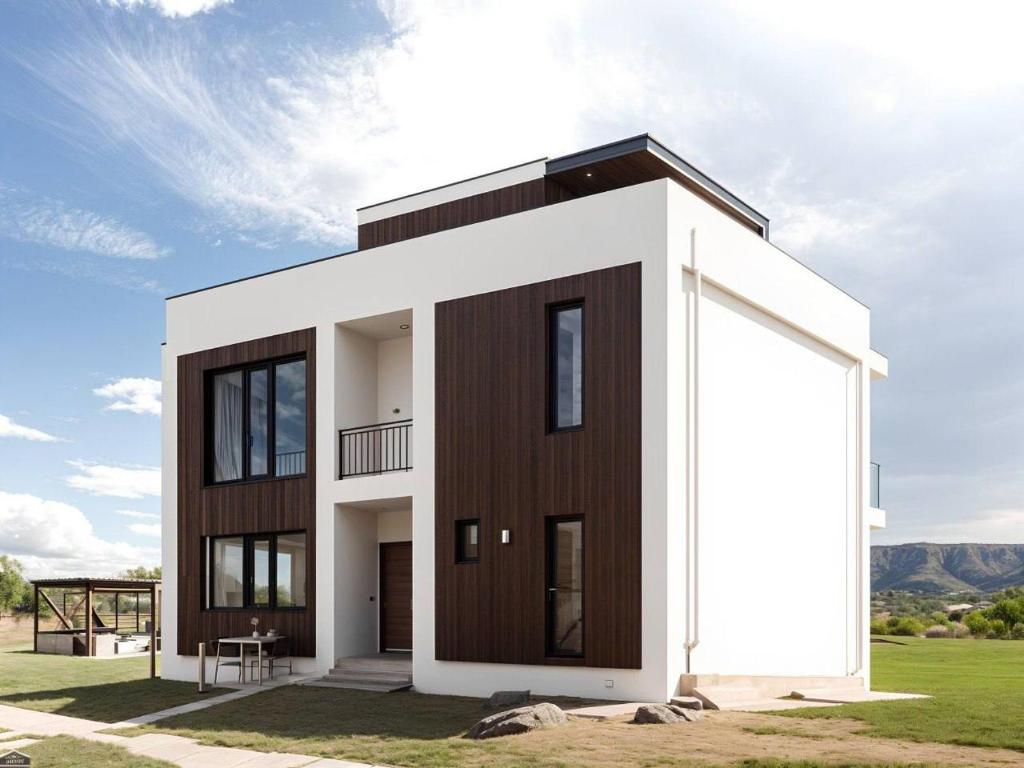 a modern house with a brown and white facade at Cottage New Sakramulo in Karsimaantkari