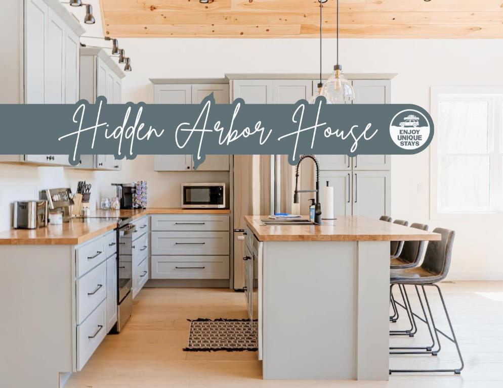a kitchen after harvest sign in a kitchen with a sink at Hidden Arbor House - newly renovated retreat in Berrien Springs