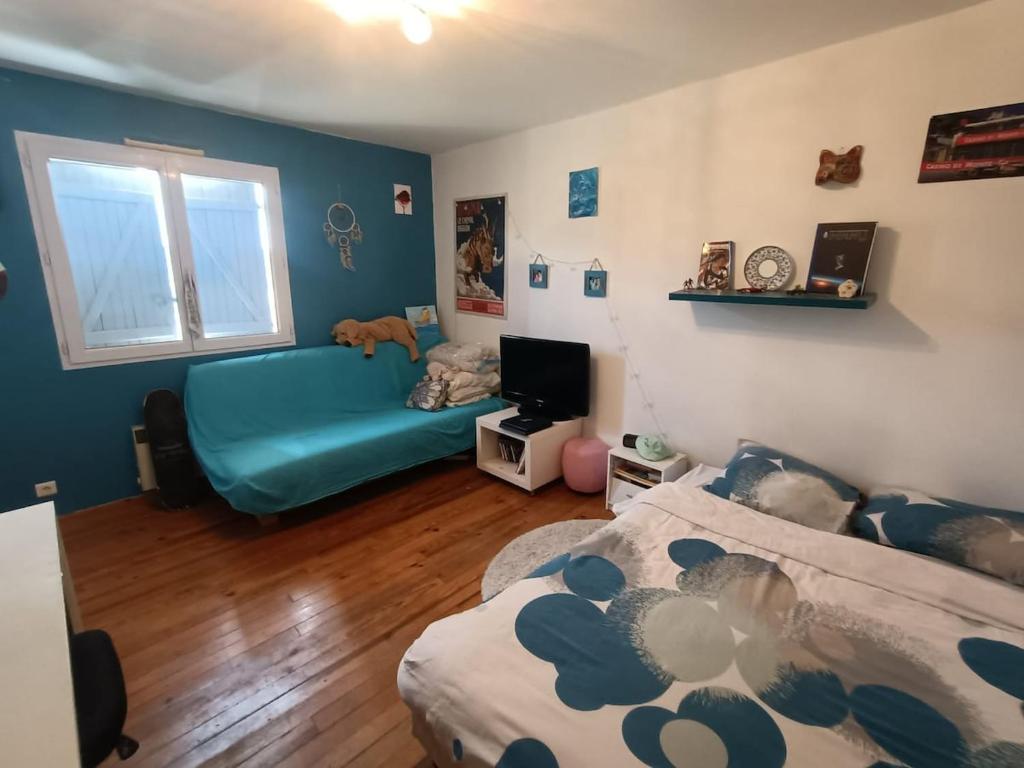 Zimmer mit 2 Betten und einem blauen Sofa in der Unterkunft Villa climatisée avec grande piscine in Le Pouget