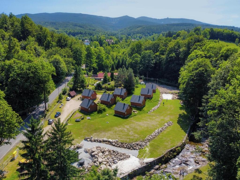 an aerial view of a park with trees and a river at MorsoChatki - balia, sauna, garden party, plaża in Jelenia Góra
