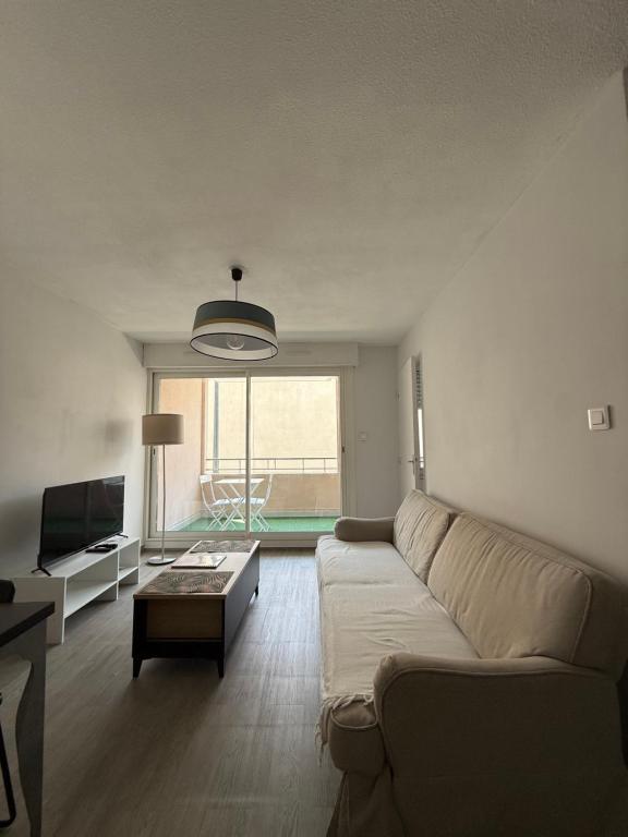 Una sala de estar con un sofá y un televisor. en Appartement cosy au cœur de Sète avec balcon détente, en Sète