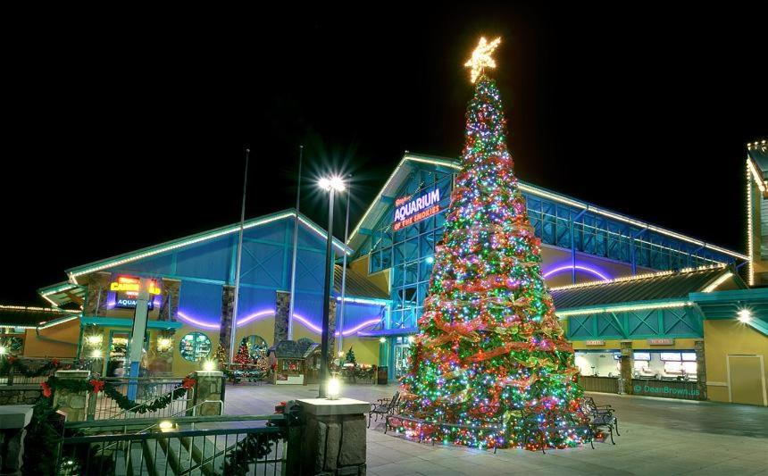 un arbre de Noël en face d'un centre commercial dans l'établissement Magic Moments Holiday home, à Gatlinburg