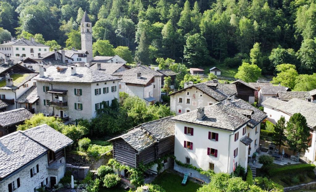 an aerial view of a village with houses at Bondo Bergell in Promontogno