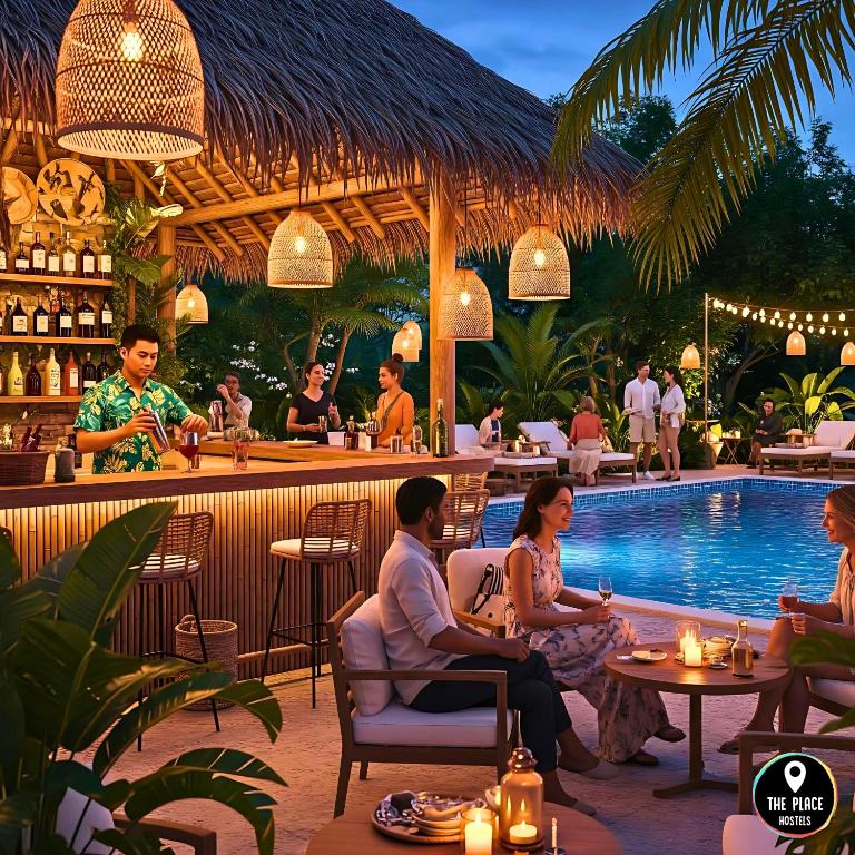 a group of people sitting at a restaurant with a pool at THE PLACE Hostel Phnom Penh in Phnom Penh