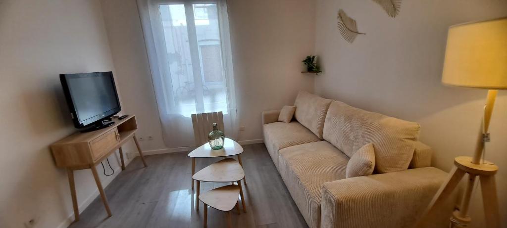 un salon avec un canapé et une télévision dans l'établissement Le P'tit Gustave hyper centre Le Havre, au Havre