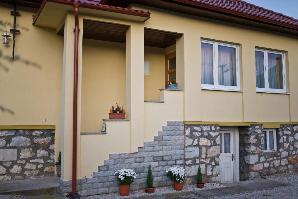 a yellow house with potted plants on the steps at Slovakia; space, tranquility and plenty of opportunities! Be welcome in Strawberry House! in Brzotín