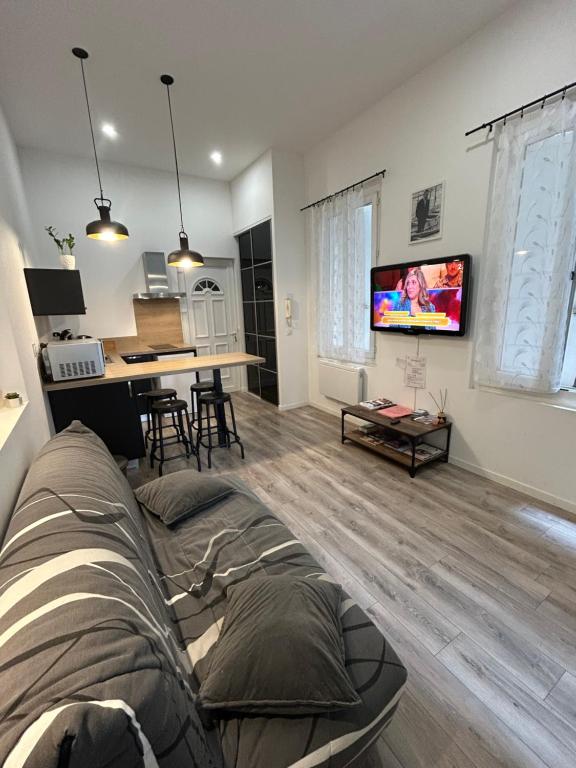 un salon avec un canapé et une télévision sur un mur dans l'établissement Ô COEUR de SETE, à Sète