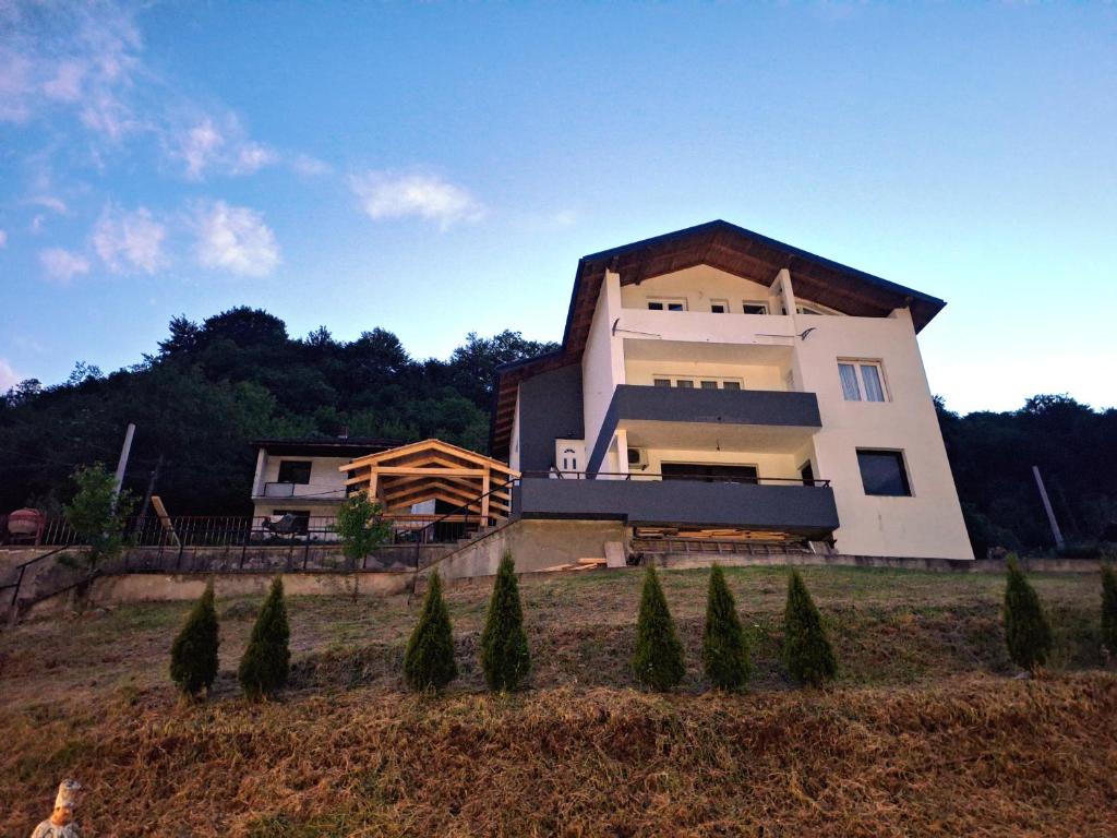 a house in a field with trees in front of it at Apartmani Raft in Foča