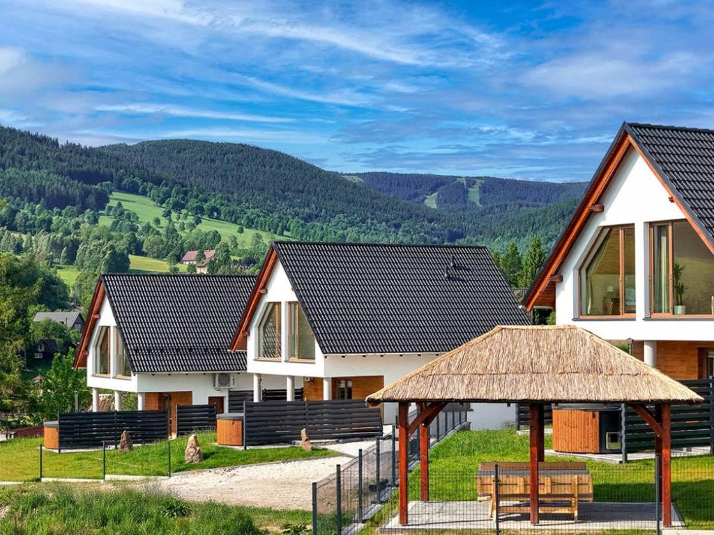 a group of houses with mountains in the background at Szarotka in Stronie Śląskie