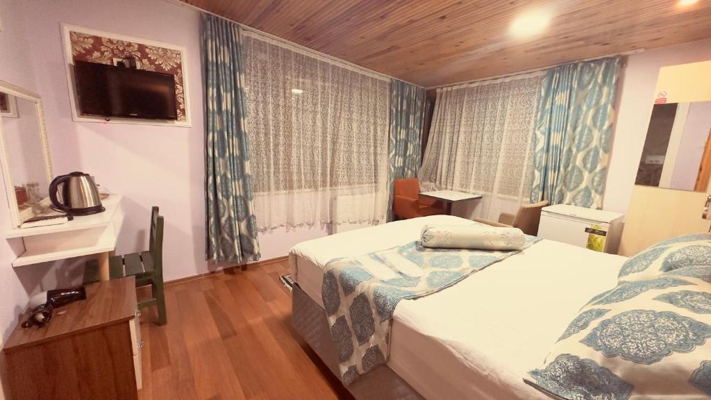 a hotel room with two beds and a television at Mitra Downtown Hotel in Istanbul