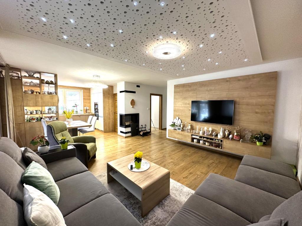 a living room with a couch and a tv at Family House Teplice in Trenčianske Teplice