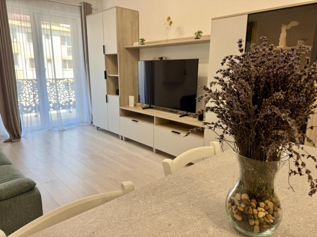 Μια τηλεόραση ή/και κέντρο ψυχαγωγίας στο Staywell Accomodation city center with underground parking and AC