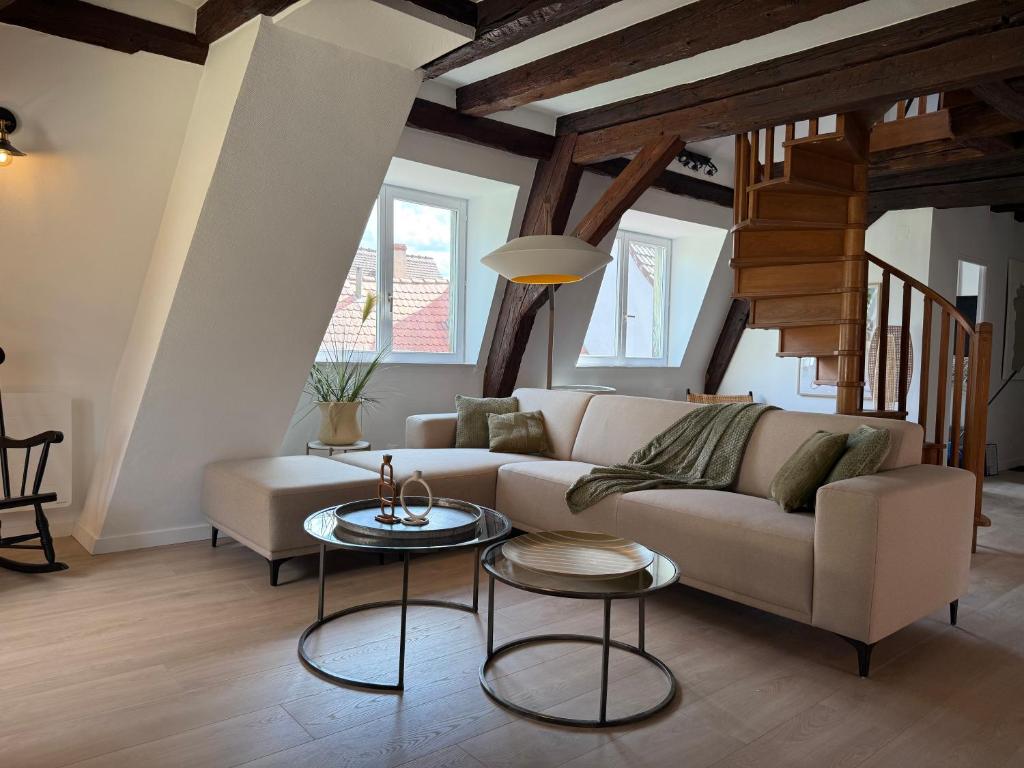 a living room with a couch and a table at Le JOLIE DUPLEX in Colmar