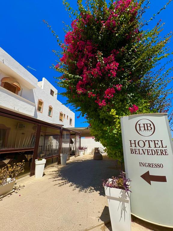 a hotel sign in front of a tree with flowers at Hotel Belvedere Lampedusa in Lampedusa