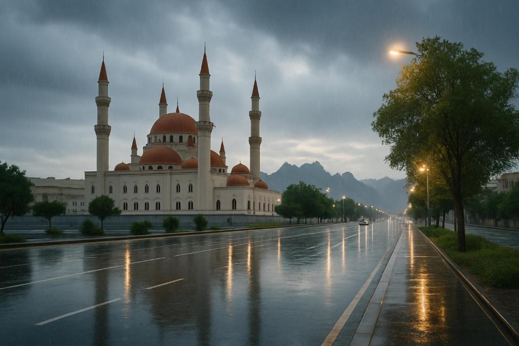 Una mezquita en una calle lluviosa en frente en Warren سويت, en Hail
