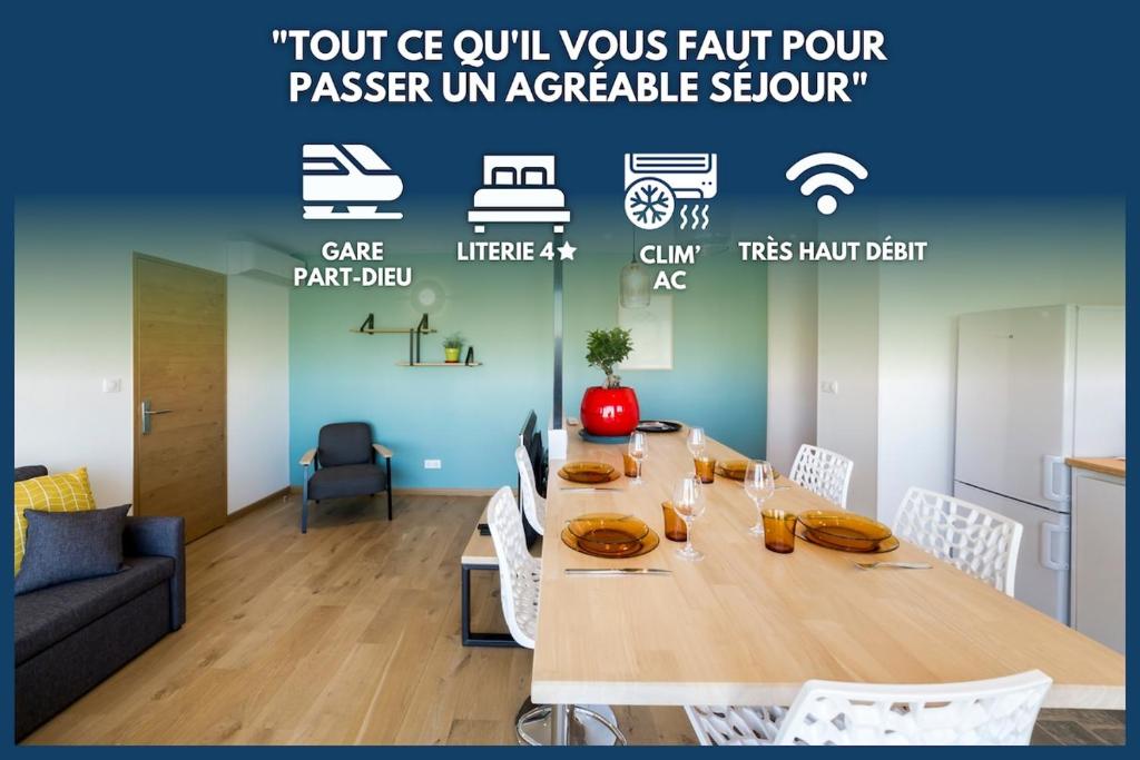 a dining room with a table and a couch at Appartement COCON Balcon et Clim - Lyon Part-Diev - Dreamy Flat Lyon in Lyon