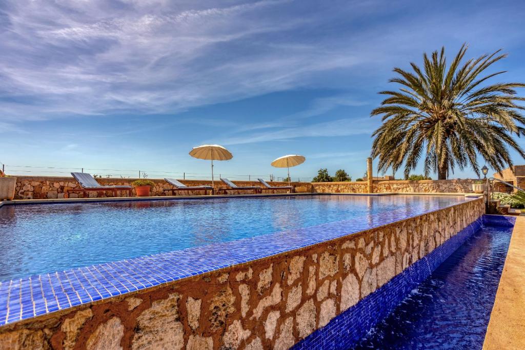 a swimming pool with a palm tree and umbrellas at Na Corma Nova by dracmallorca in Calonge