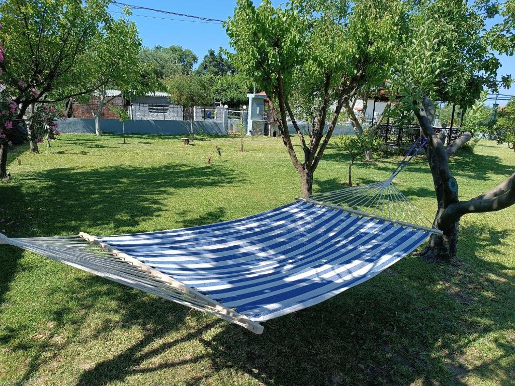 a blue hammock in a field with trees at Kanela House ,Cozy Cottage with Large Garden & BBQ in Nea Kallikrateia