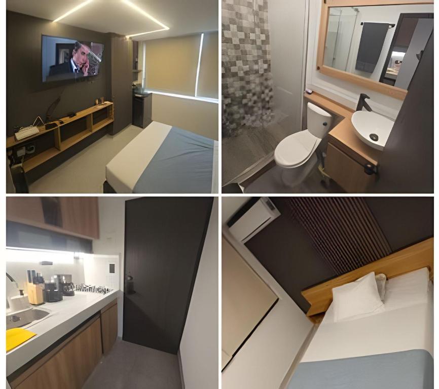a collage of four pictures of a bathroom at Apartaestudio Moderno San Fernando Sector Estadio in Cali