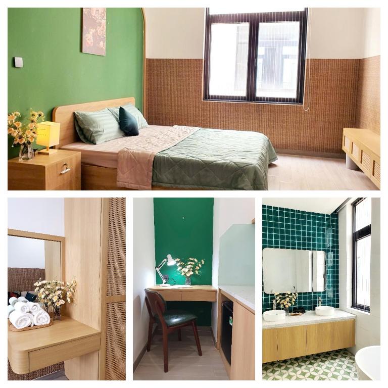 two pictures of a bedroom with a bed and a desk at AnDi's Homestay in Gò Công