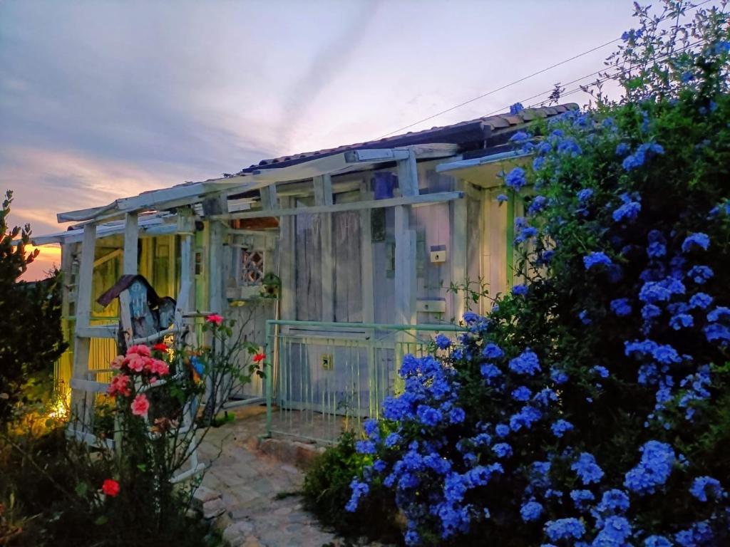 an old fashioned greenhouse with flowers in front of it at Le Rondini in Montecosaro
