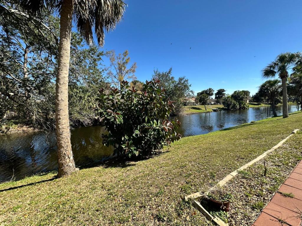 a view of a river with palm trees and a sidewalk at Furnished canal private home in Port Charlotte
