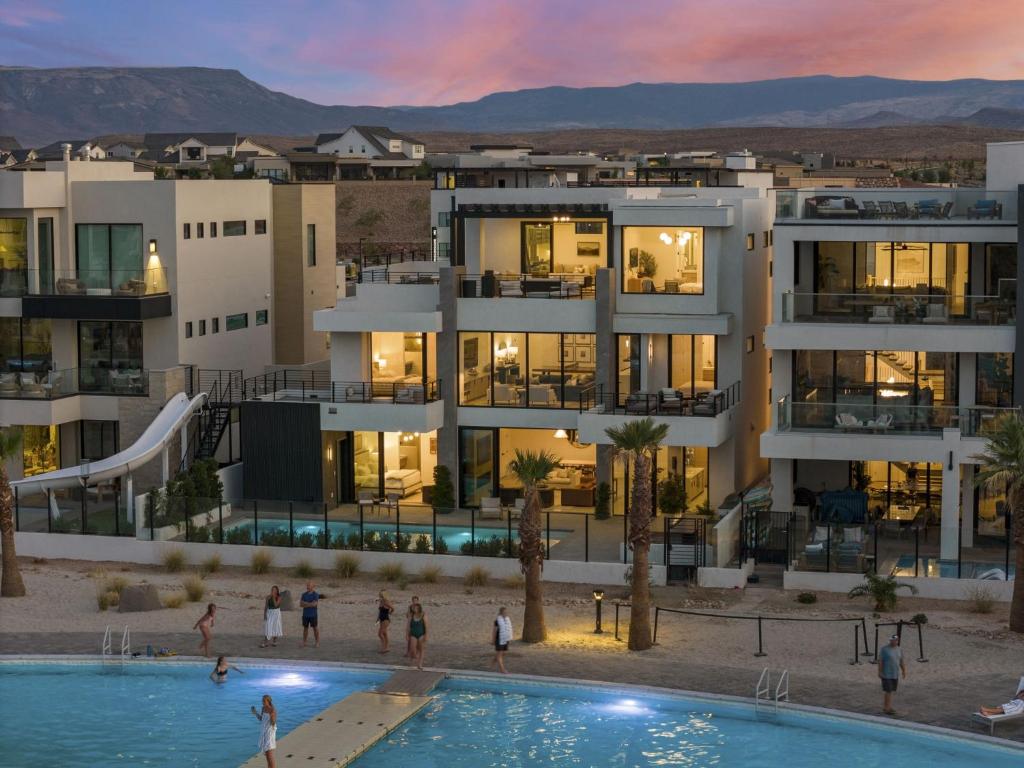 an aerial view of a building with a swimming pool at Luxury Beachside home in St. George