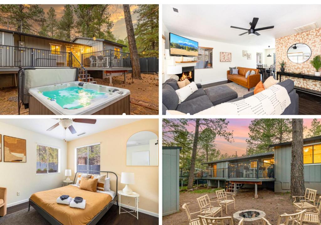 a collage of pictures of a house with a hot tub at Wooded Oasis, Hot Tub, Fenced Yard, Chic Design in Mountainaire