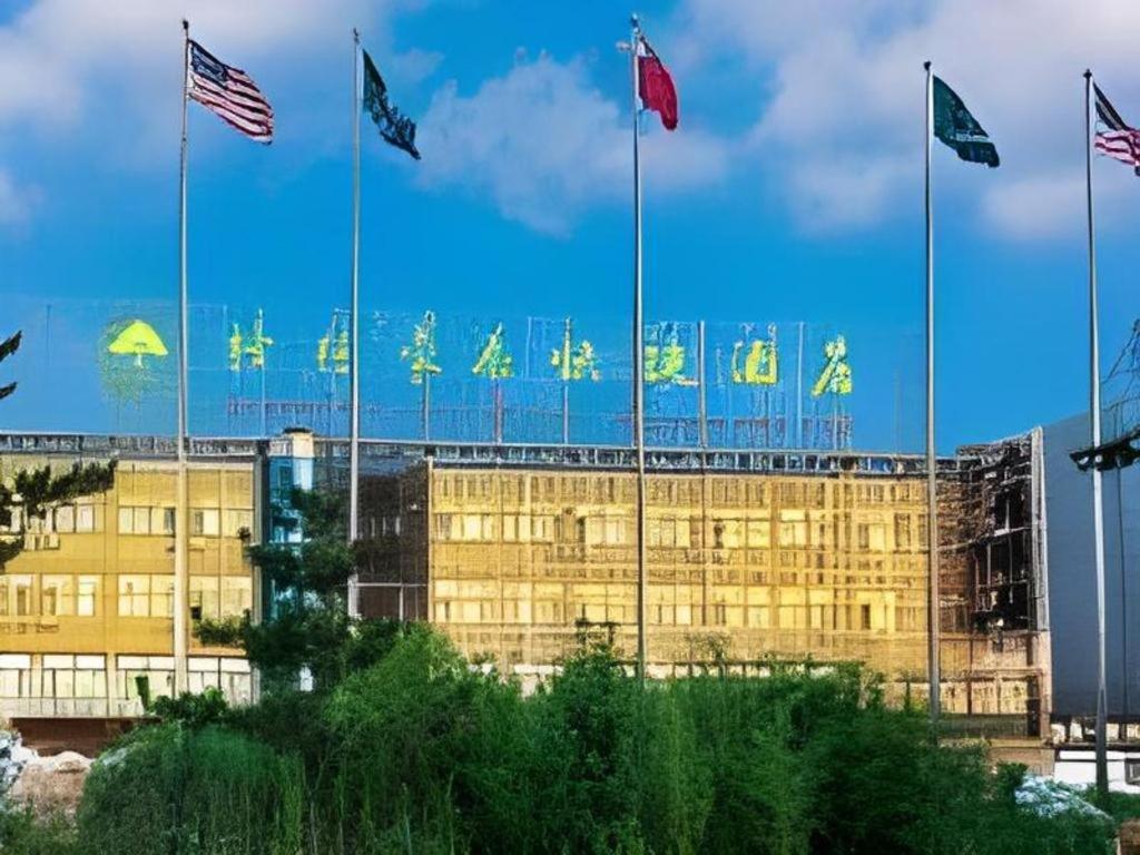 a building with a bunch of flags in front of it at GreenTree Inn Weifang Linqu County Dongcheng in Weifang