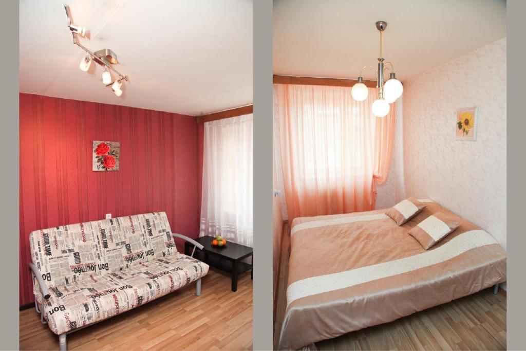 ヤロスラヴリにあるApartments on Sverdlova 11の- ベッドルーム1室(ベッド1台、ソファ付)の写真2枚
