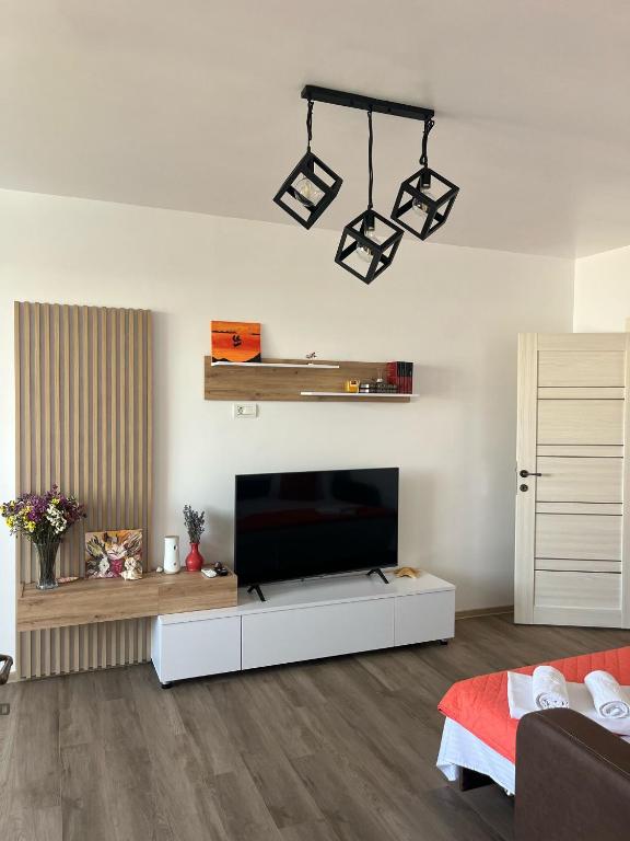 a living room with a flat screen tv in a living room at Dima Residence in Mangalia