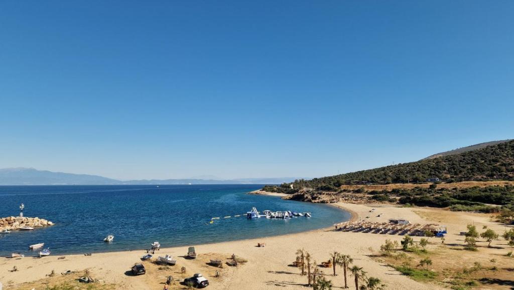a beach with a group of people in the water at Aegean Horizon Apartment in Skala Marion