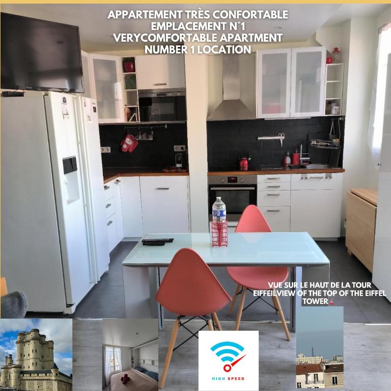 une cuisine avec des placards blancs, une table et des chaises rouges dans l'établissement SWEET HOME 2 Idéalement situé CHÂTEAU DE VINCENNES, à Vincennes