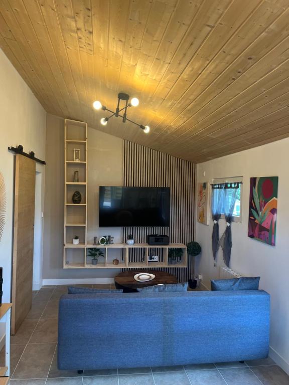 a living room with a blue couch and a tv at Maison cosy in Ambarès-et-Lagrave