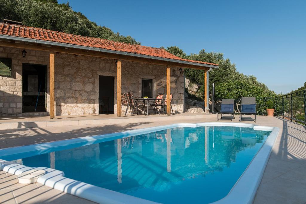 a swimming pool in front of a house at BACINELLA apartmani in Baćina