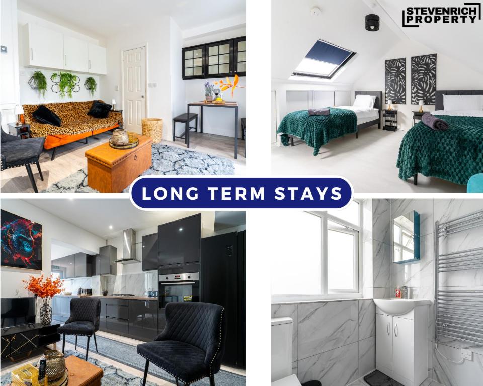 eine Collage mit Fotos eines Wohnzimmers und Langzeitaufenthalten in der Unterkunft NEW Contractors House 6 Bedrooms Parking 10 Guests in Romford