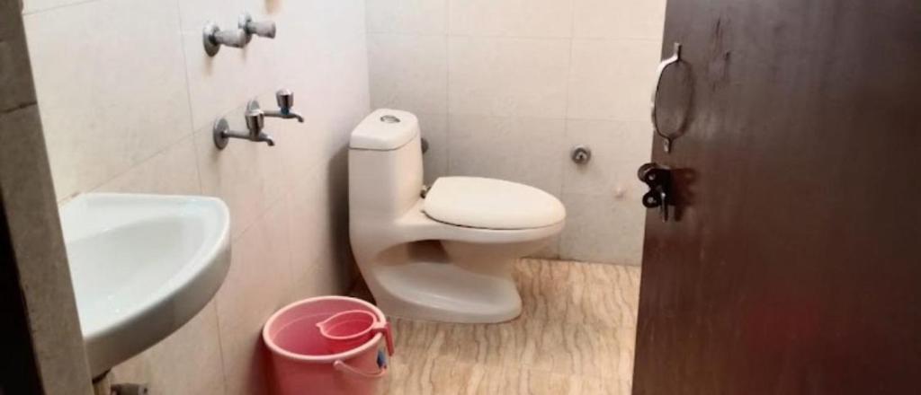 a bathroom with a white toilet and a sink at Agnihotri Tourism Centre in Machhrehta