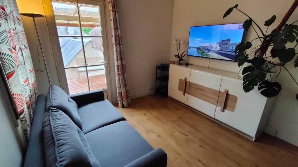 a living room with a couch and a flat screen tv at Studio Amboise, parking, terrasse et jardin in Amboise