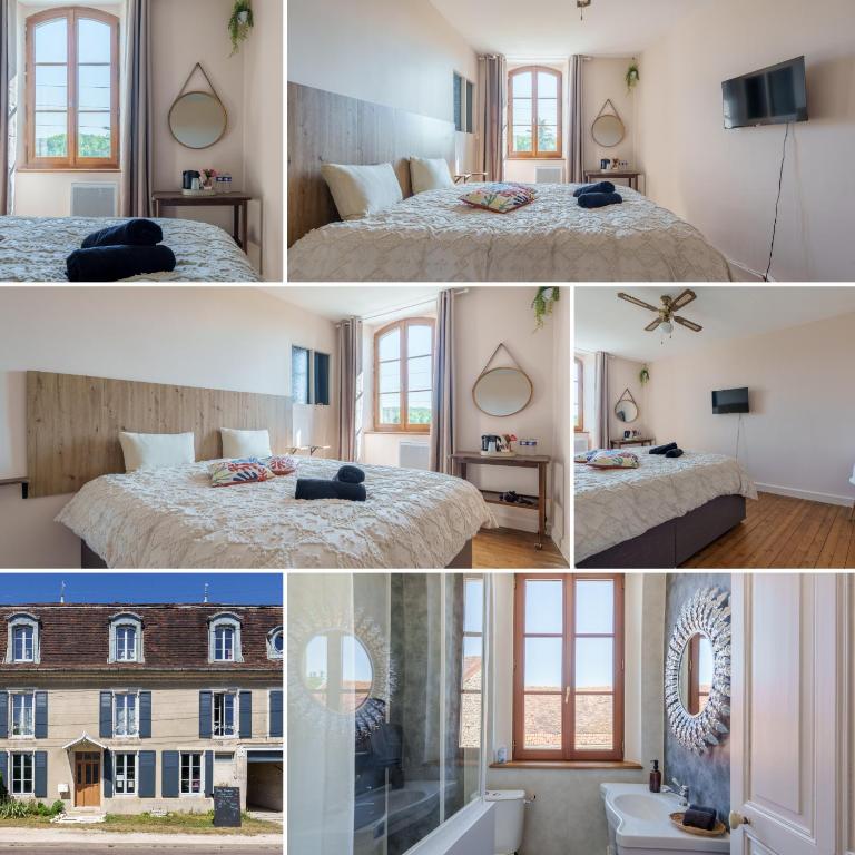 un collage de photos d'une chambre avec deux lits dans l'établissement Maison Bö, à Bossancourt