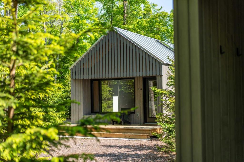 a small cabin with a porch in the woods at Forest Edge Escape at Dimensions - Cabin Sixteen in Algonquin Highlands