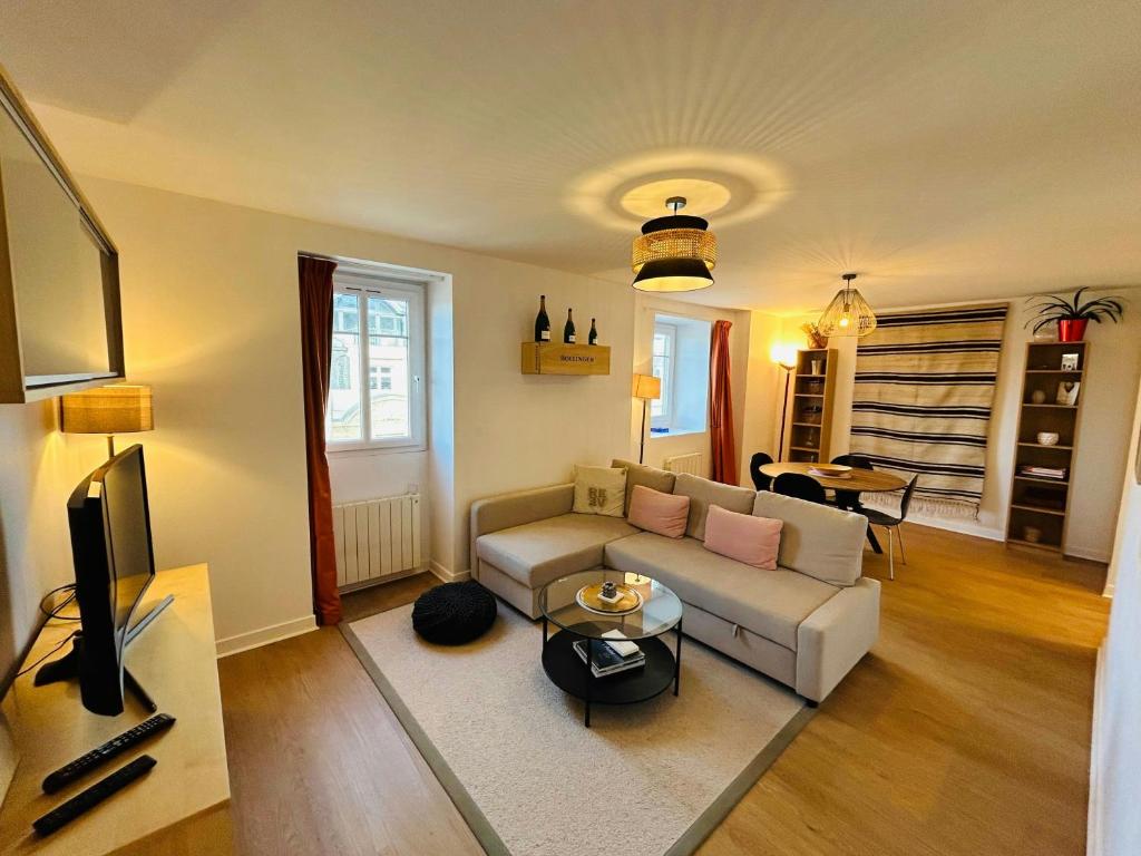 un salon avec un canapé et une télévision dans l'établissement Le Millésime Carnot Cathédrale, à Reims