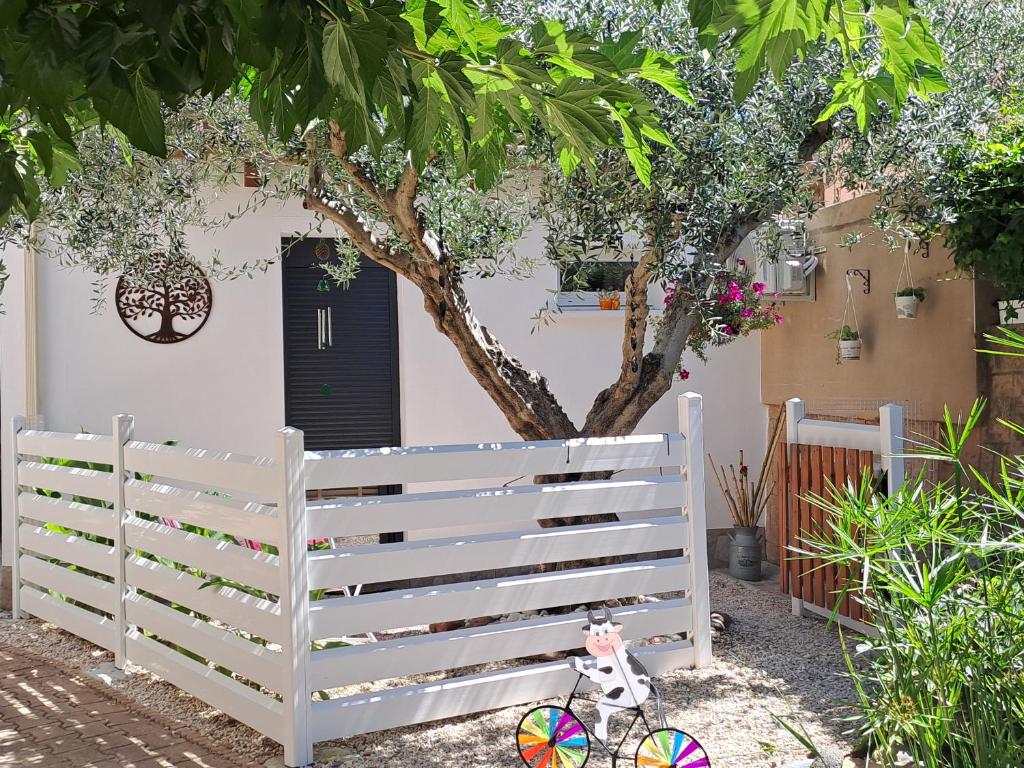 Une clôture blanche avec un arbre derrière elle dans l'établissement L'Olivier, à Saint-André-de-Sangonis