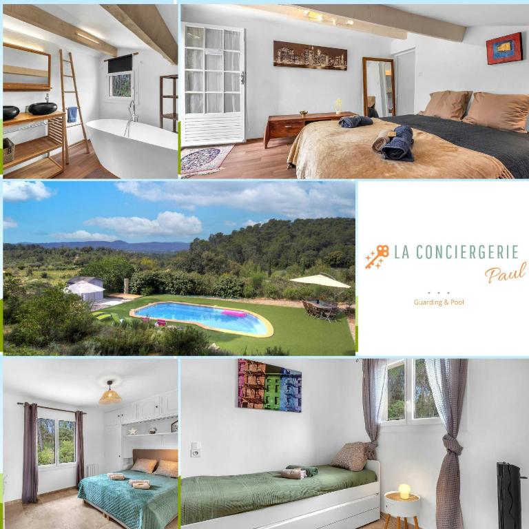 un collage de photos d'une chambre et d'une maison dans l'établissement Maison de la Fare- plongez en pleine nature, à Carcès