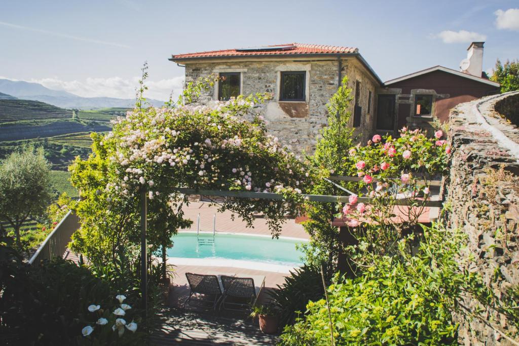 a garden with a swimming pool and a house at Casa do Romezal in Peso da Régua
